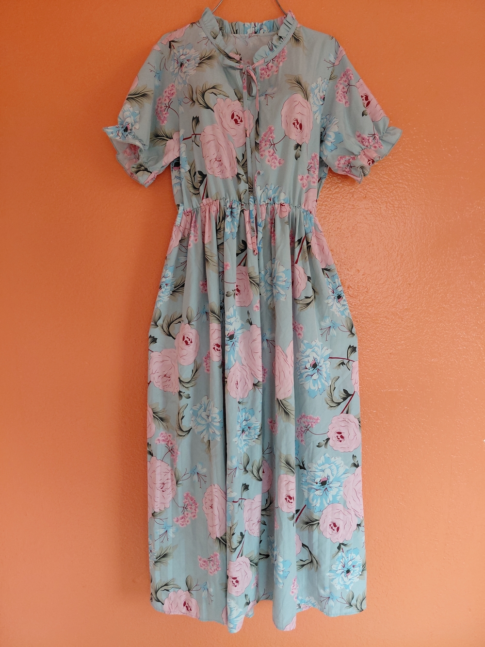 Floral Ruffle Neck Maxi Dress Blue Pink Rose Cottagecore Women's Size- M